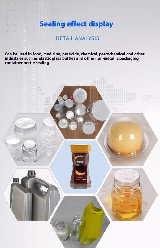 เครื่องปิดผนึกฟอยล์อลูมิเนียมแบบเหนี่ยวนำไฟฟ้าอัตโนมัติเต็มรูปแบบสำหรับขวดพลาสติก