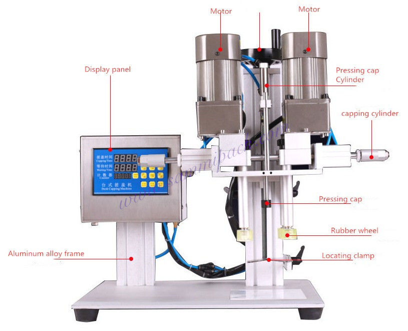เครื่องปิดฝาแบบสกรูคุณภาพสูง ขนาด 20 มม. - 50 มม. แบบกึ่งอัตโนมัติ ขับเคลื่อนด้วยมอเตอร์ไฟฟ้า สำหรับใช้ในอุตสาหกรรมอาหาร รับประกัน 1 ปี