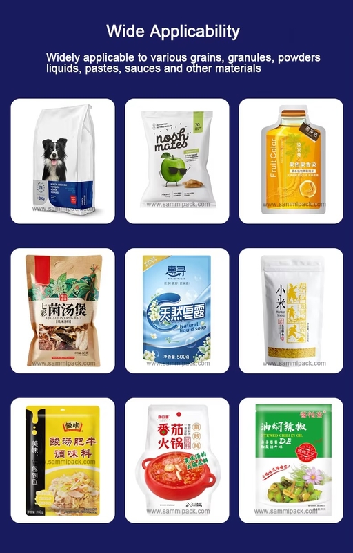 เครื่องบรรจุกระเป๋าสตางค์สําหรับถั่ว ถั่วน้ําตาล ผลไม้แห้ง ทํางานง่าย กระเป๋าตั้ง เติมเครื่องปัก PLC