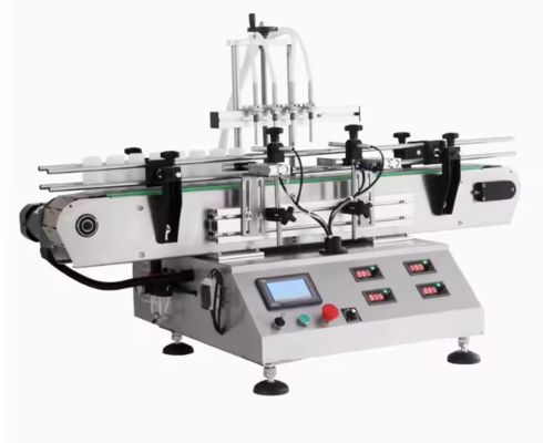 เครื่องบรรจุของเหลวแบบปั๊มแม่เหล็กอัตโนมัติบนโต๊ะ 4 หัว สำหรับน้ำผลไม้น้ำมัน